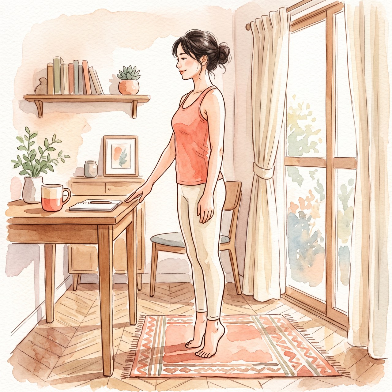 机に手を添えてかかとを上げるカーフレイズの水彩イラスト