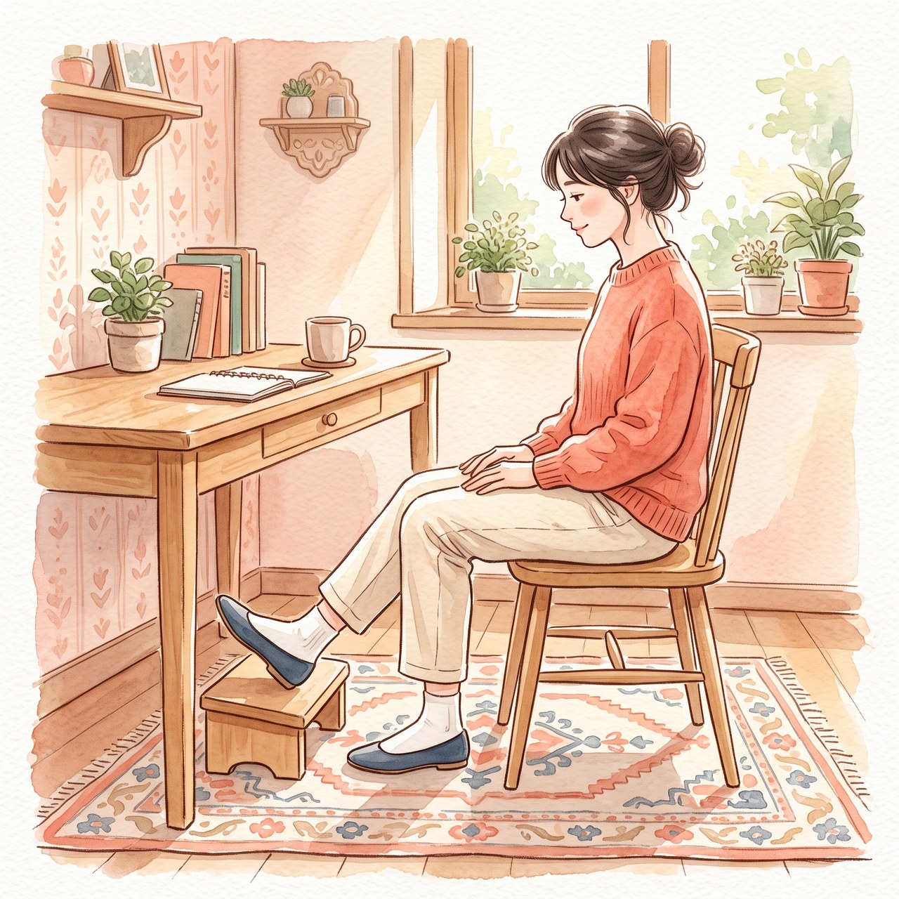 座って足首を曲げ伸ばしする運動の水彩イラスト