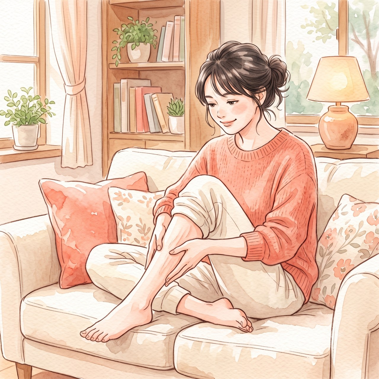 ふくらはぎを下から上へさすって温める水彩イラスト
