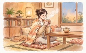 温かい飲み物で身体を温めてくつろぐ女性の水彩イラスト