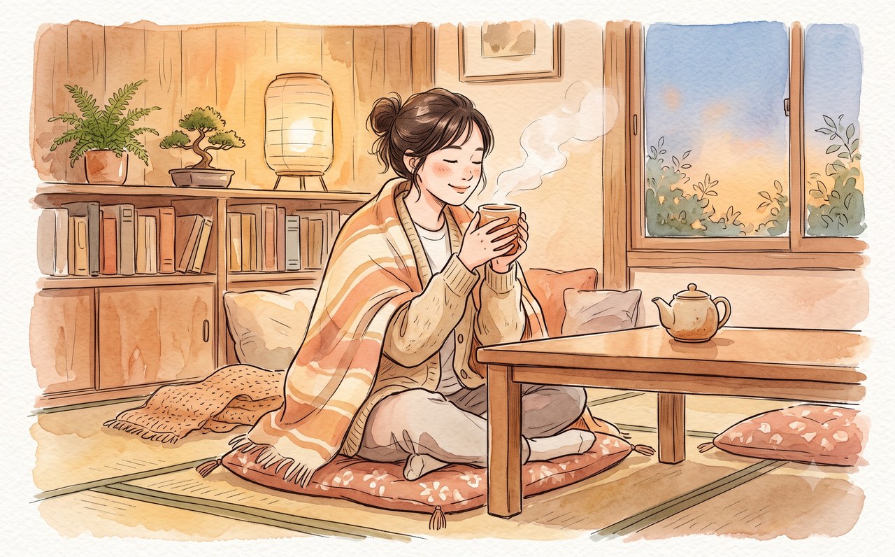 温かい飲み物で身体を温めてくつろぐ女性の水彩イラスト