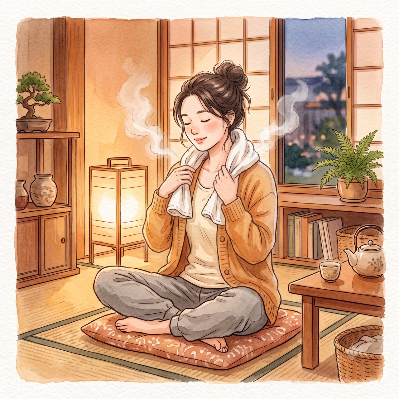 蒸しタオルで首と肩を温める女性の水彩イラスト