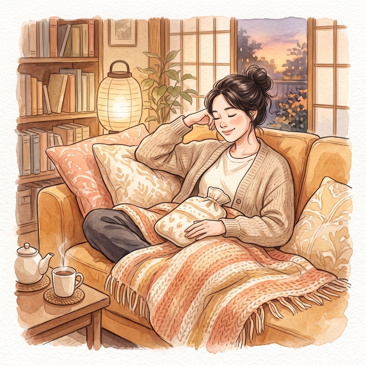 湯たんぽでお腹まわりを温めてくつろぐ女性の水彩イラスト