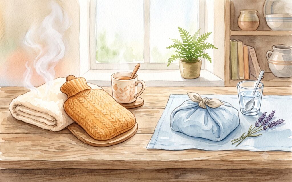 温冷ケアグッズを並べた水彩イラスト