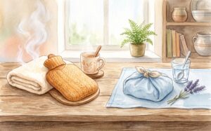 温冷ケアグッズを並べた水彩イラスト