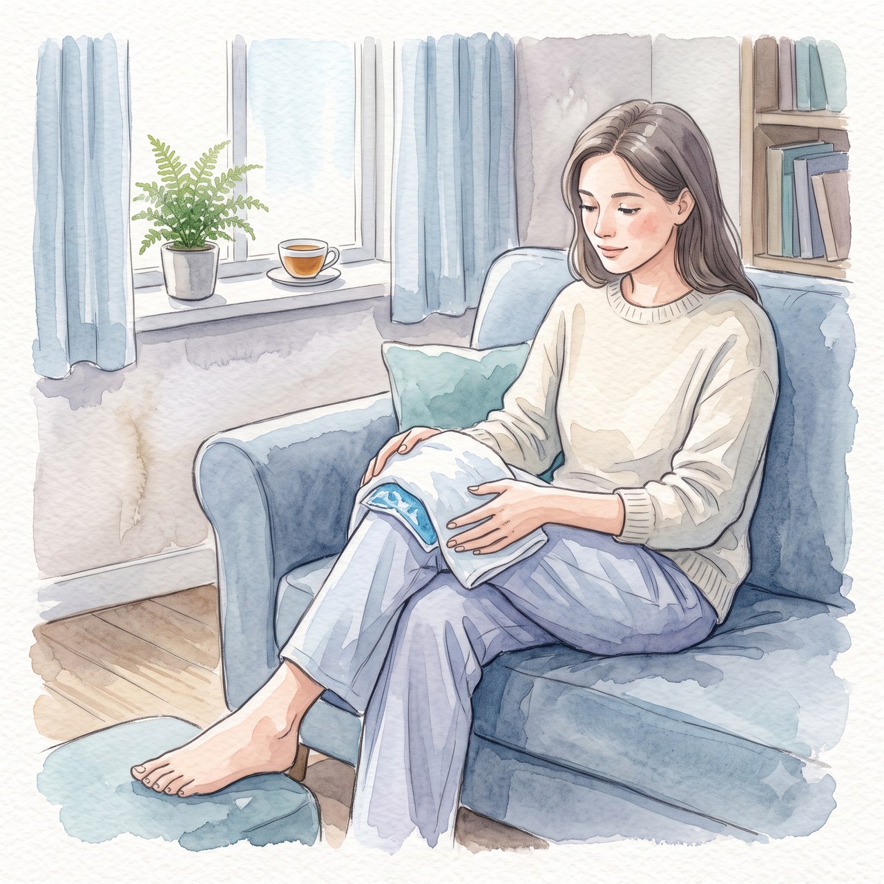 保冷剤をタオルで包んで膝に当てる水彩イラスト