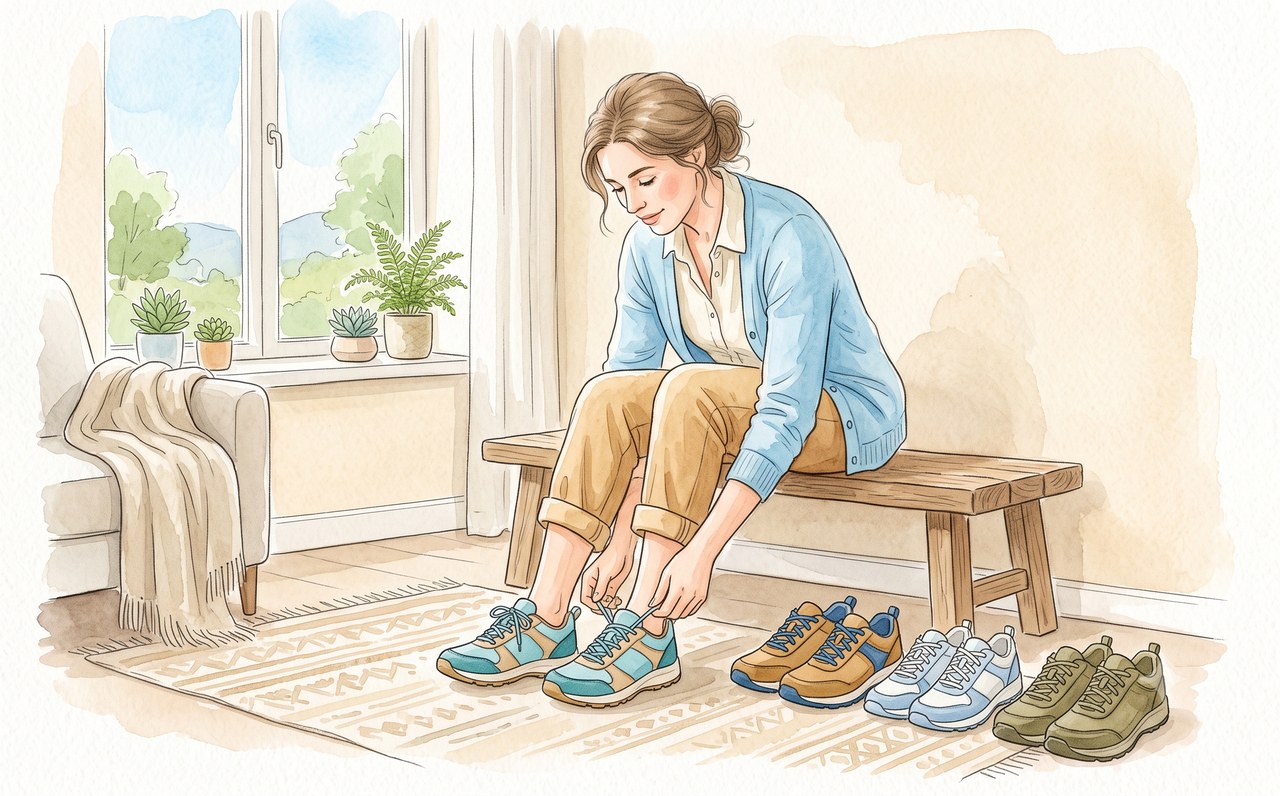 ウォーキングシューズを試し履きする女性の水彩イラスト
