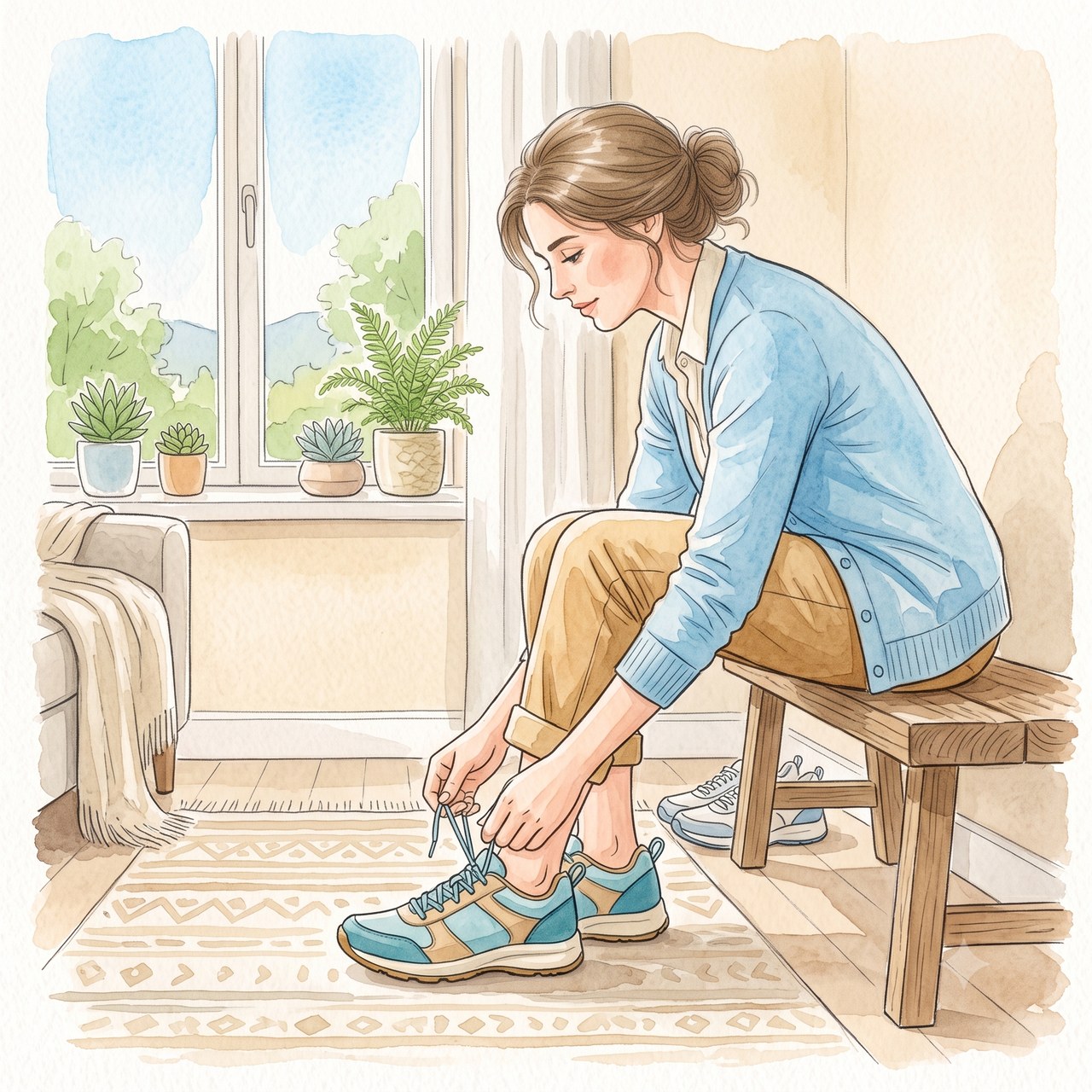 靴のかかとを合わせて靴ひもを結ぶ水彩イラスト
