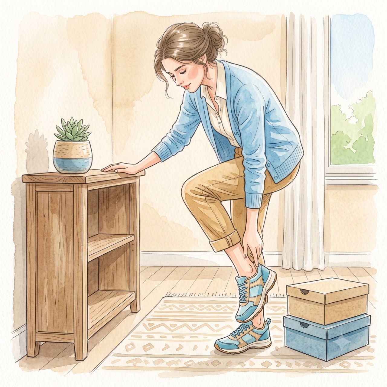 立って靴のフィット感を確かめる水彩イラスト