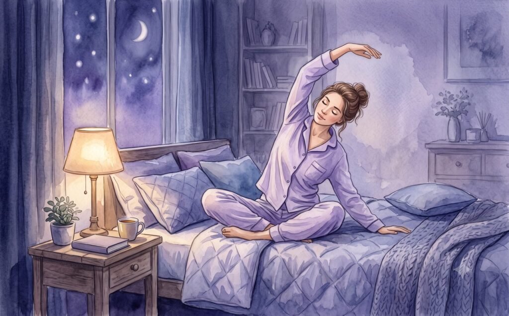 夜のベッドで伸びをする女性の水彩イラスト