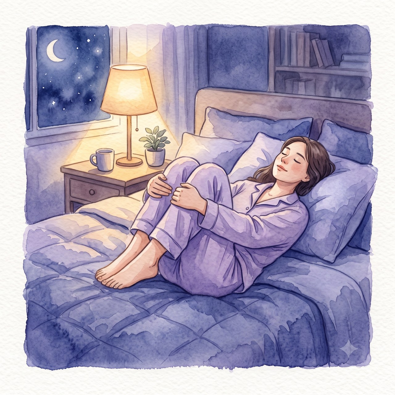 あおむけでひざを抱えるストレッチの水彩イラスト