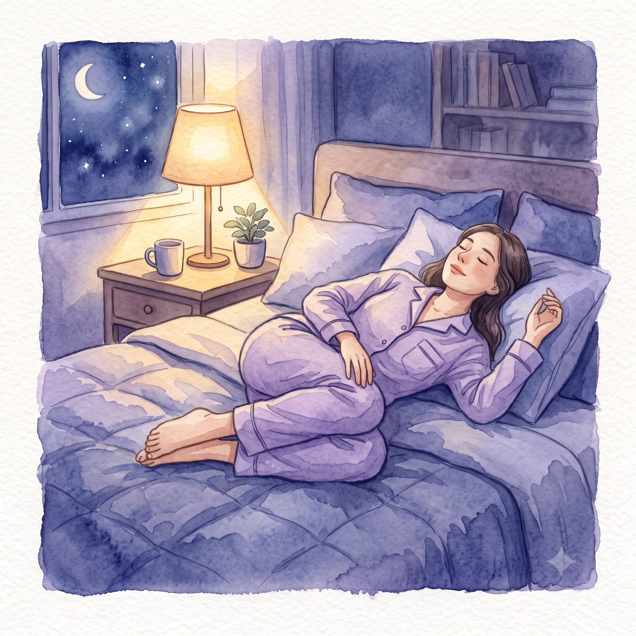 寝ながら体をひねるストレッチの水彩イラスト
