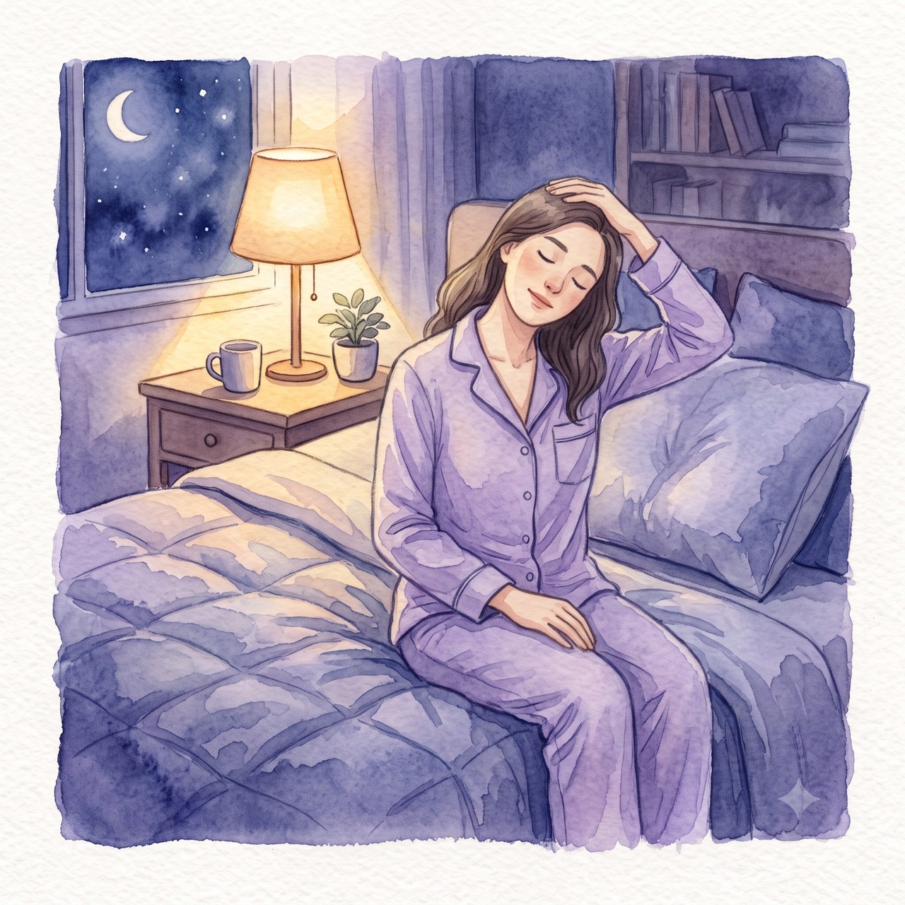 首を横に倒すストレッチの水彩イラスト