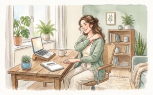 デスクで座ったまま肩をケアする女性の水彩イラスト