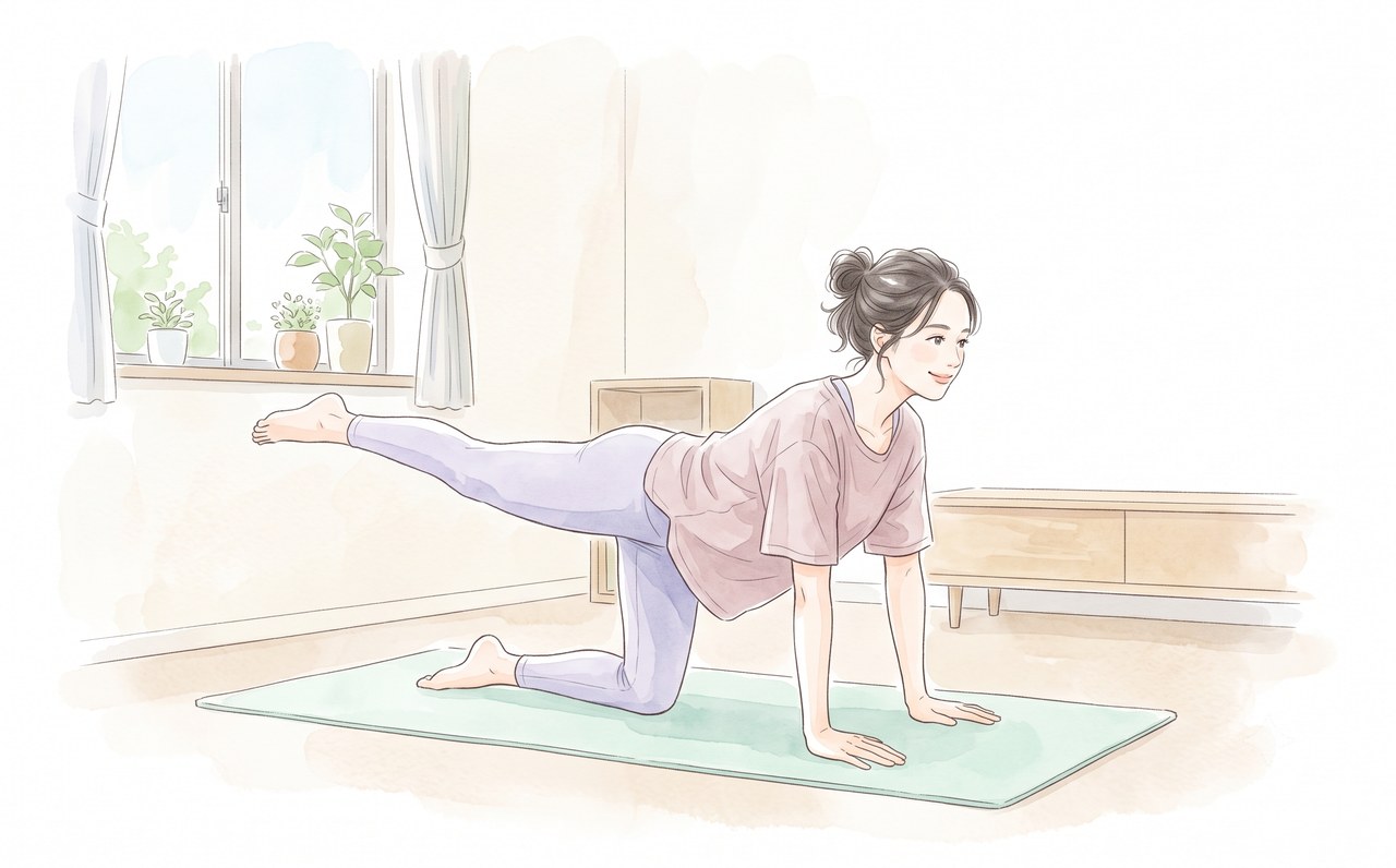 マットの上で軽く運動する女性の水彩イラスト