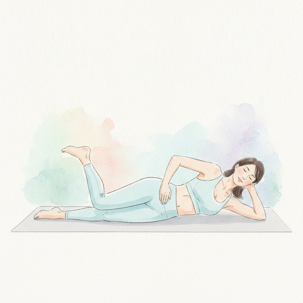 横向きに寝てひざを開くクラムシェルの水彩イラスト