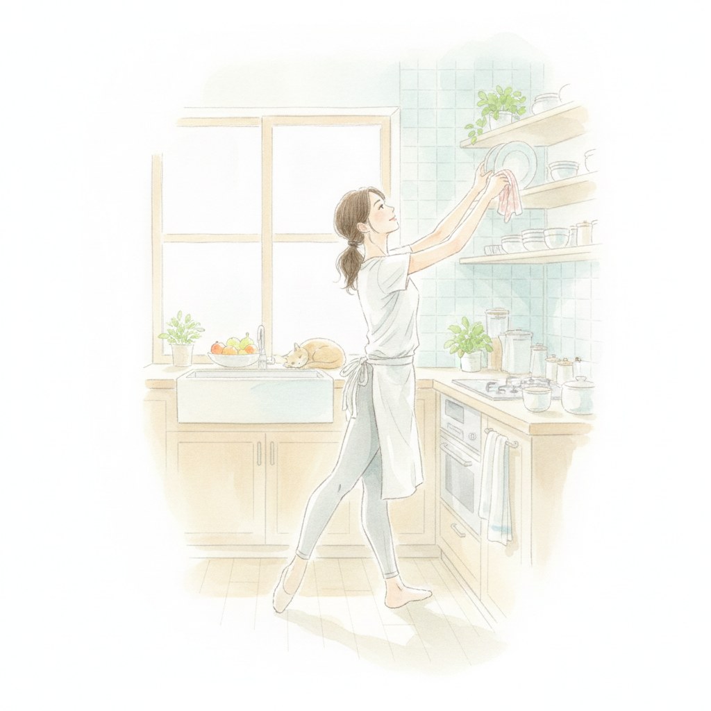 キッチンで家事をしながら軽く身体を動かす女性の水彩イラスト