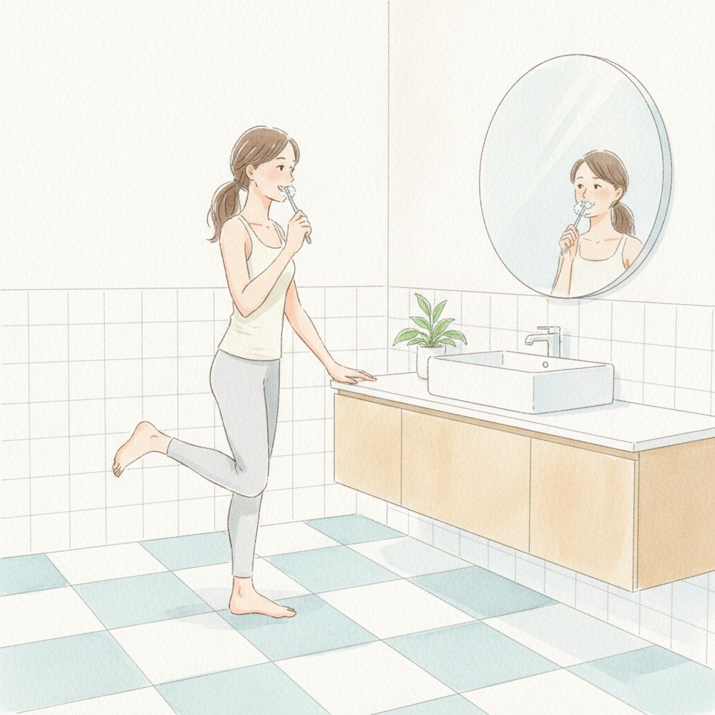 歯みがきをしながらかかとを上げ下げする女性の水彩イラスト