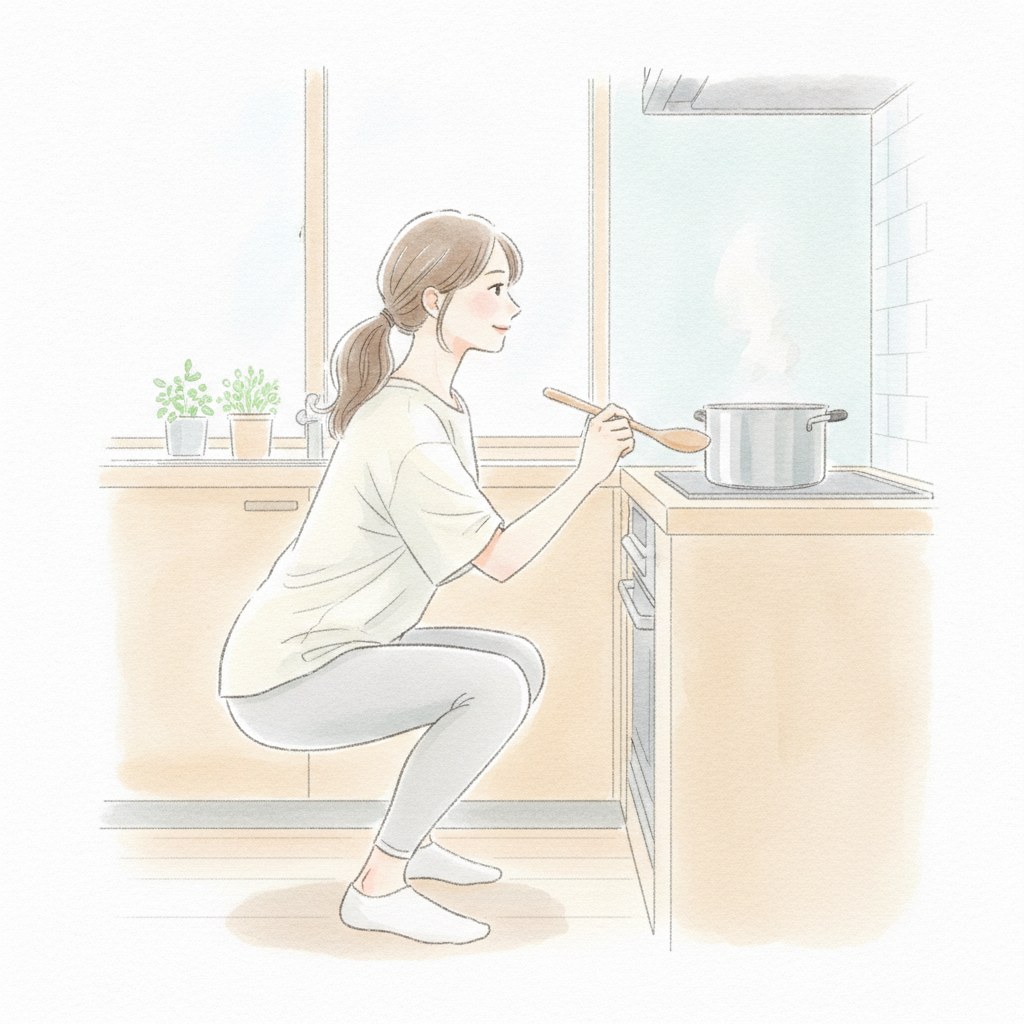 キッチンでお湯がわく間に軽くスクワットをする女性の水彩イラスト