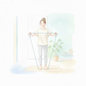 ストレッチバンドを両手で持つ女性の水彩イラスト