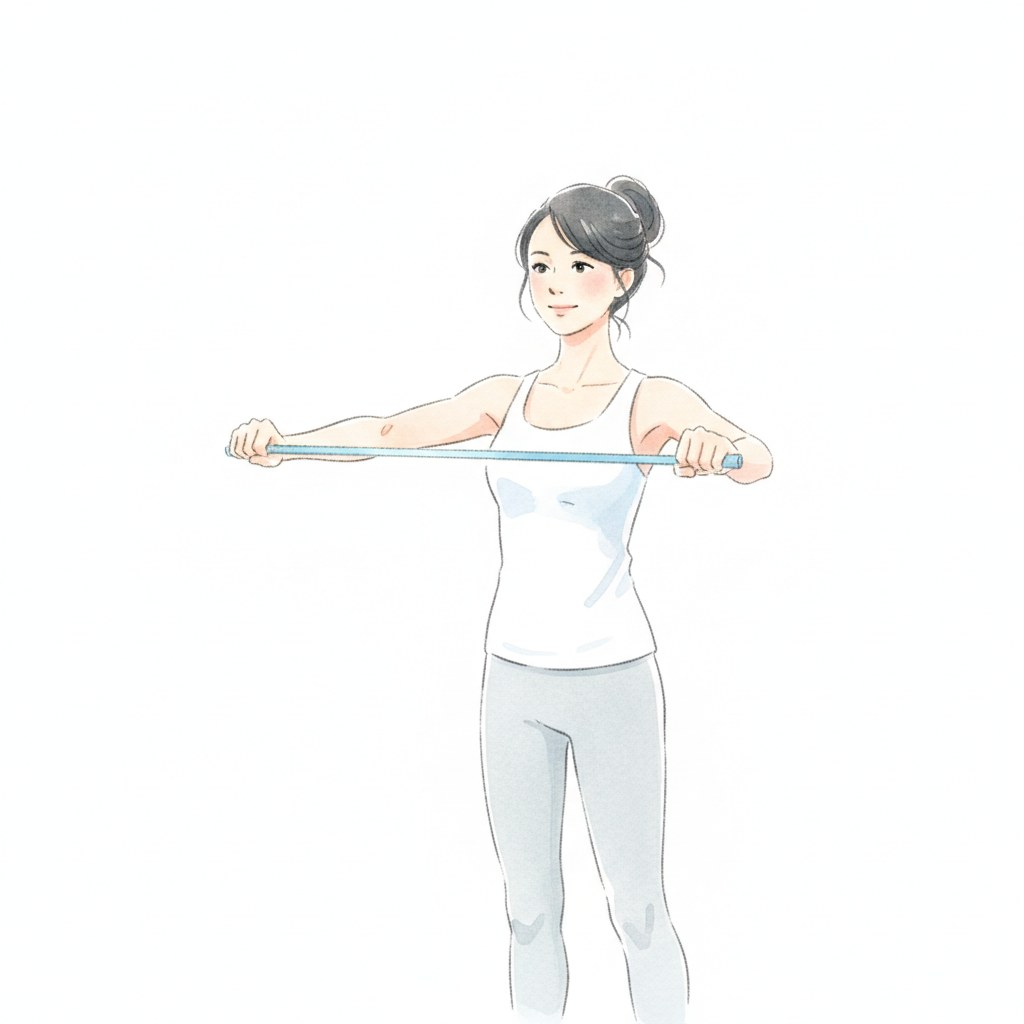ストレッチバンドを胸の前で左右に引き姿勢を整える女性の水彩イラスト