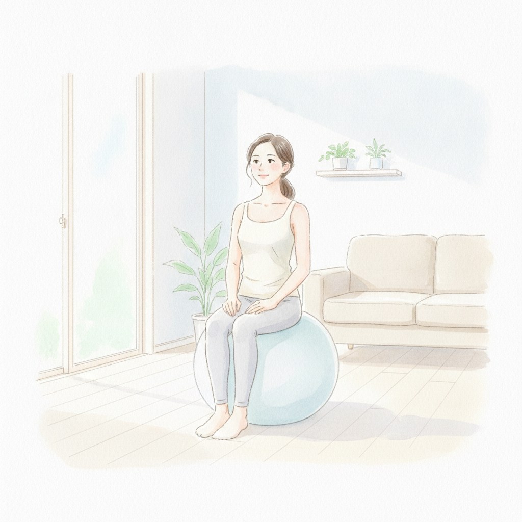 バランスボールに正しい姿勢で座る女性の水彩イラスト