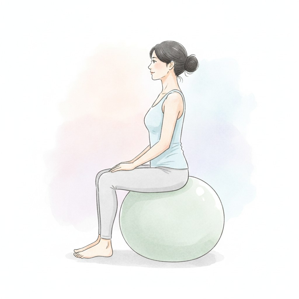 バランスボールに座りひざが直角になる正しいサイズの水彩イラスト