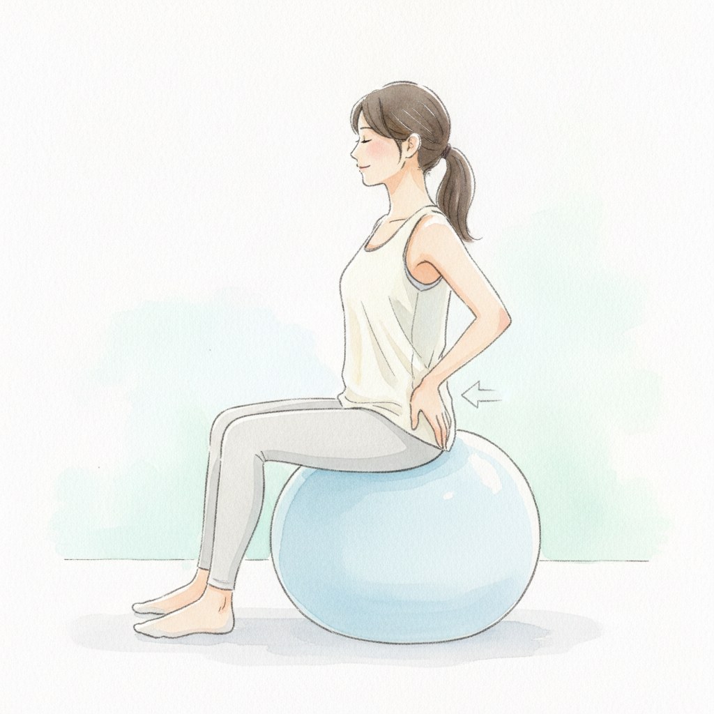 バランスボールに座って骨盤を前後に動かす女性の水彩イラスト