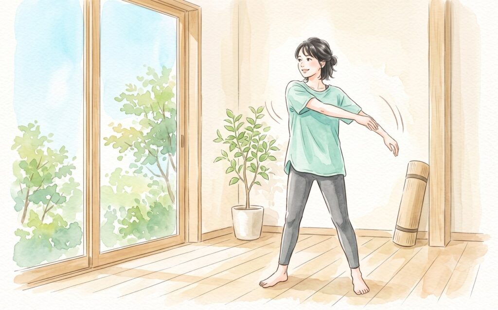 運動前のダイナミックストレッチをする女性の水彩イラスト