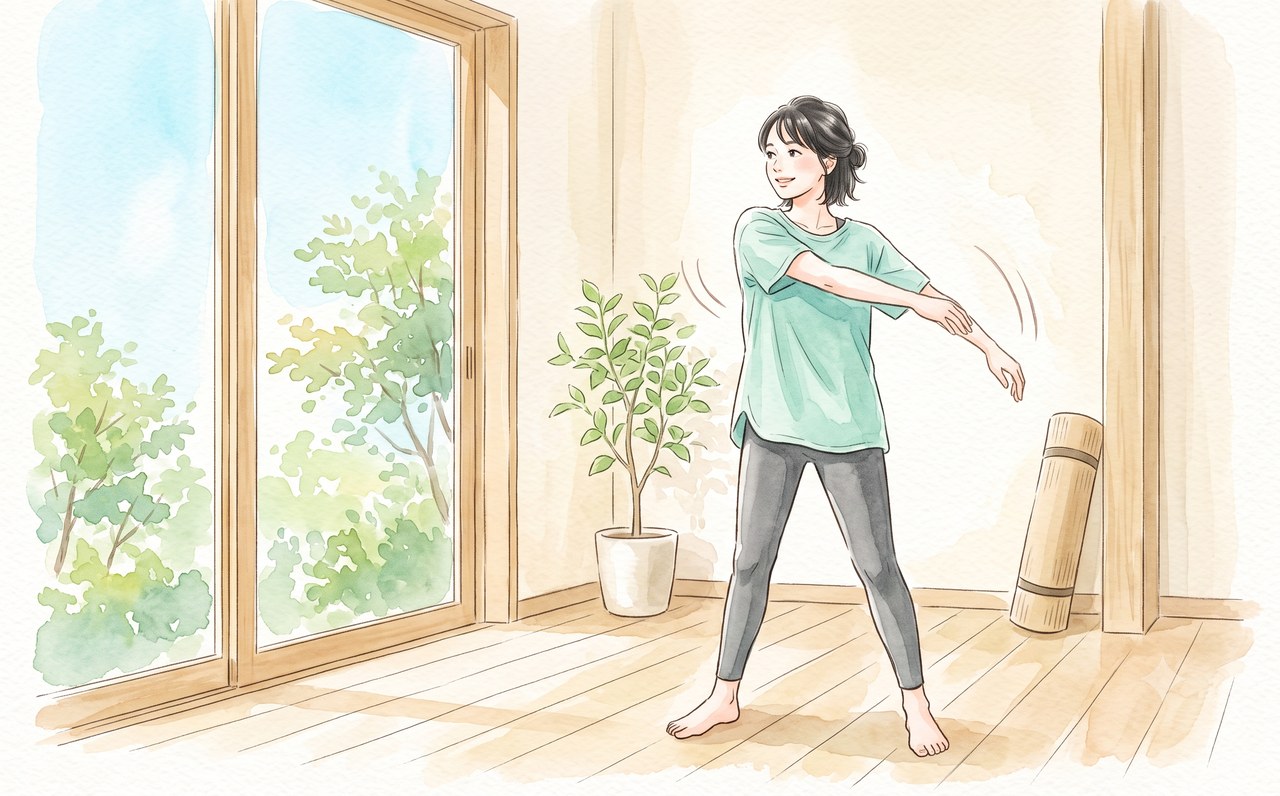 運動前のダイナミックストレッチをする女性の水彩イラスト