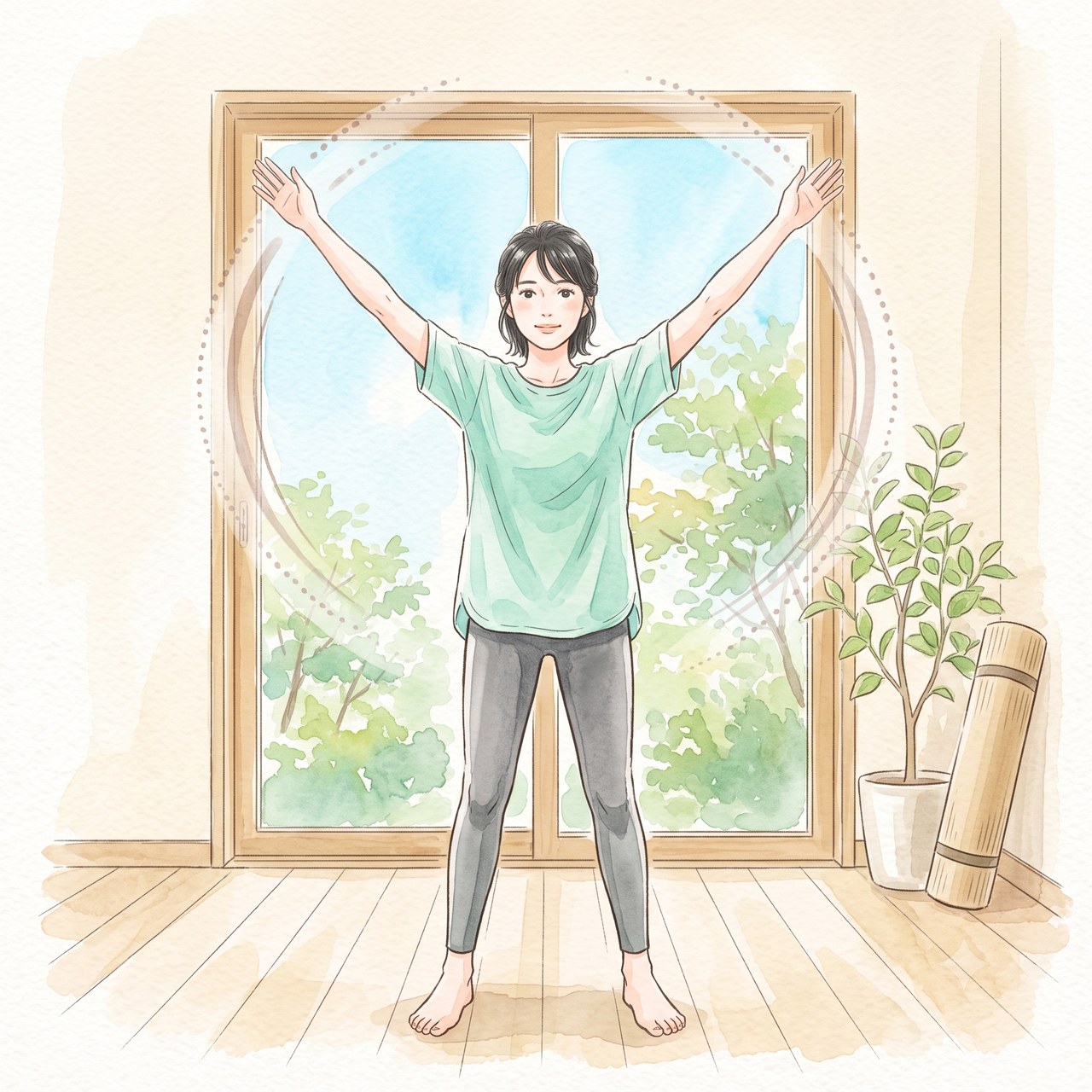 腕を大きく回すダイナミックストレッチの水彩イラスト