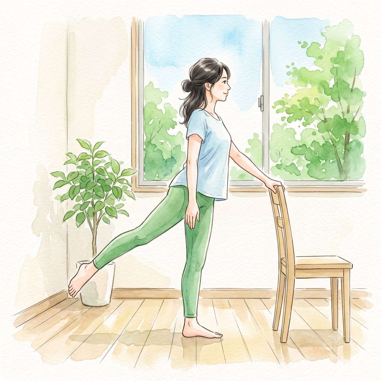 壁に手を添え脚を前後に振るレッグスイングの水彩イラスト