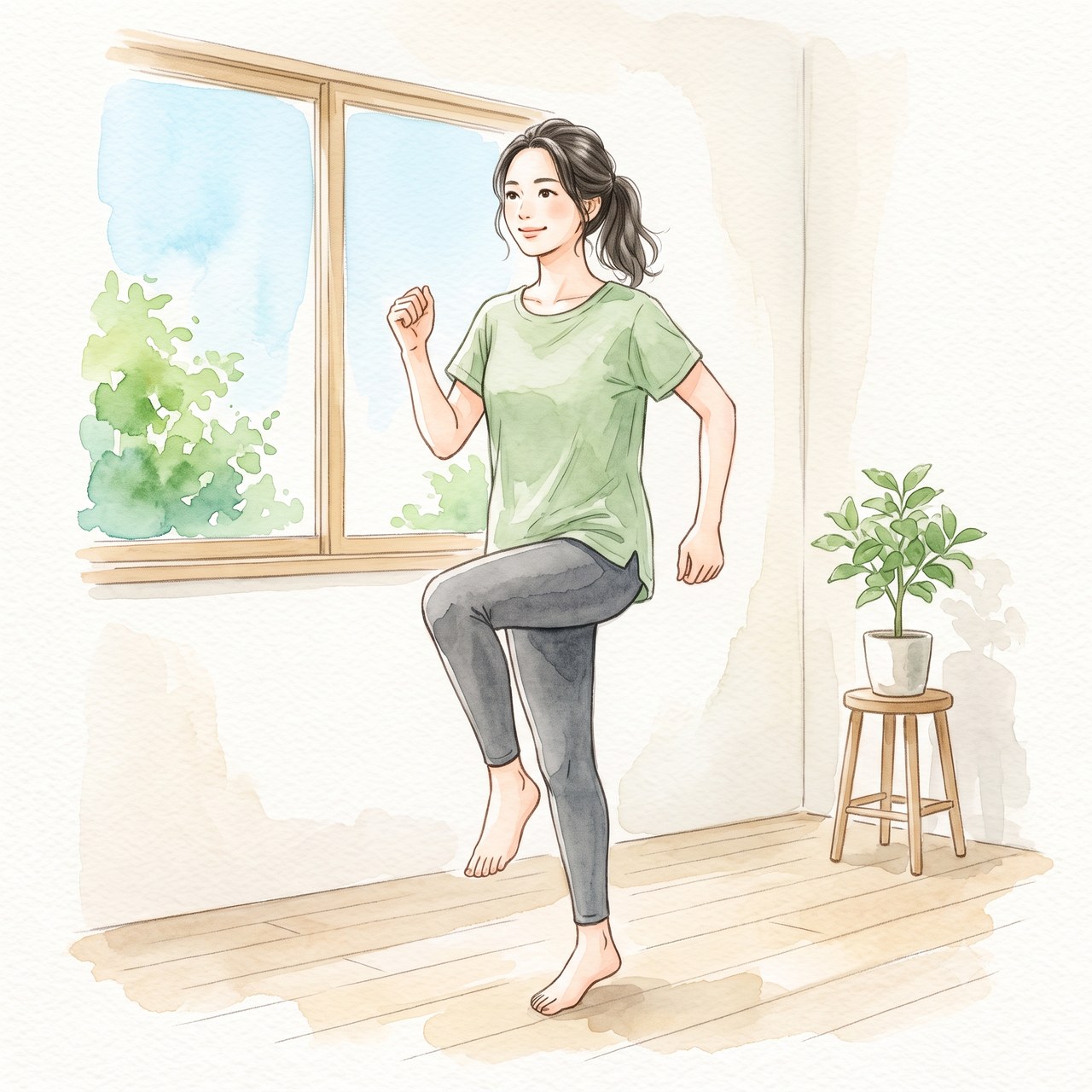 その場でもも上げをする水彩イラスト