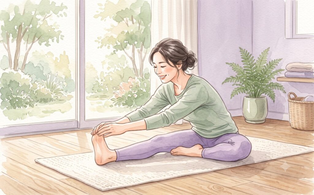 運動後に静的ストレッチでクールダウンする女性の水彩イラスト