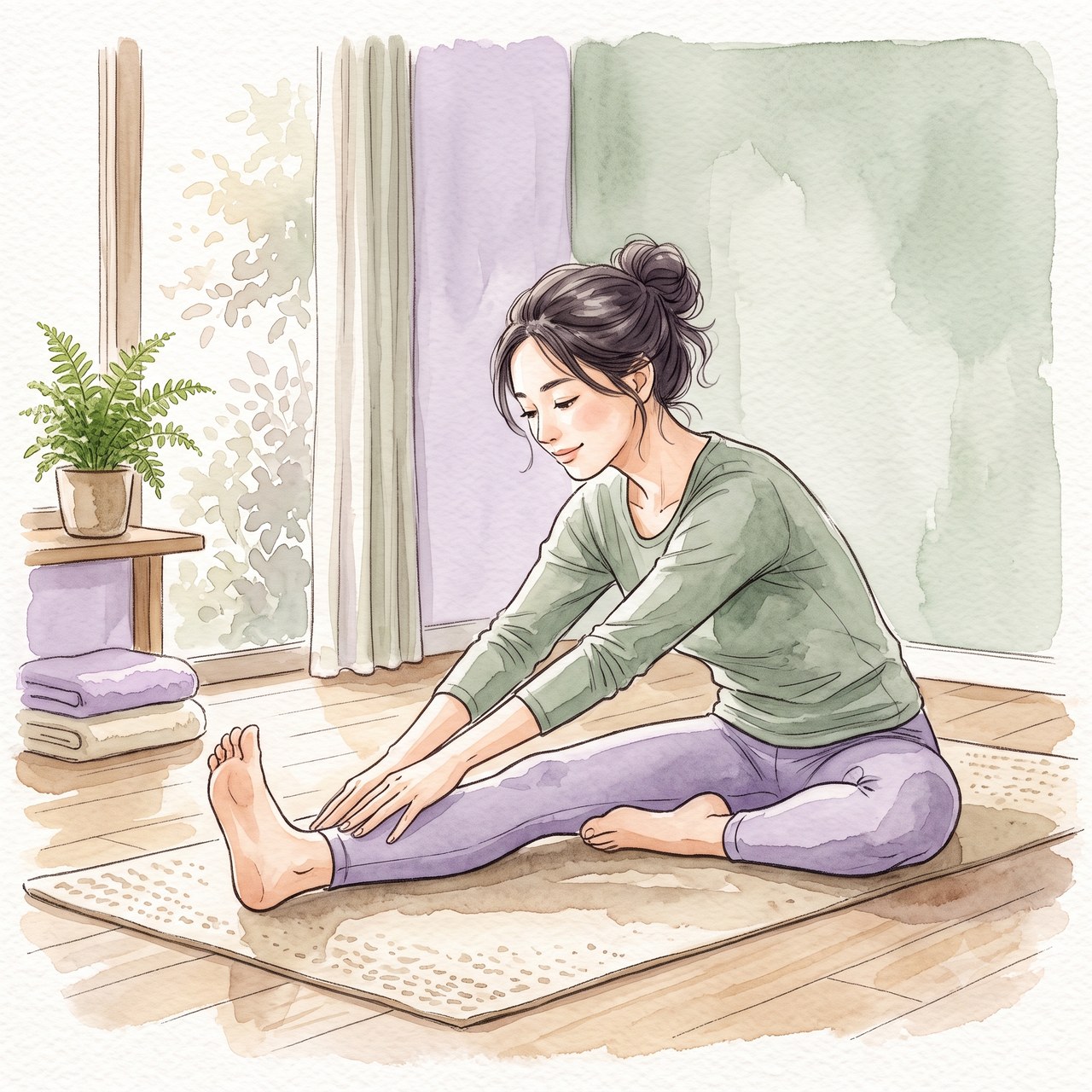 床に座りもも裏を伸ばすストレッチの水彩イラスト