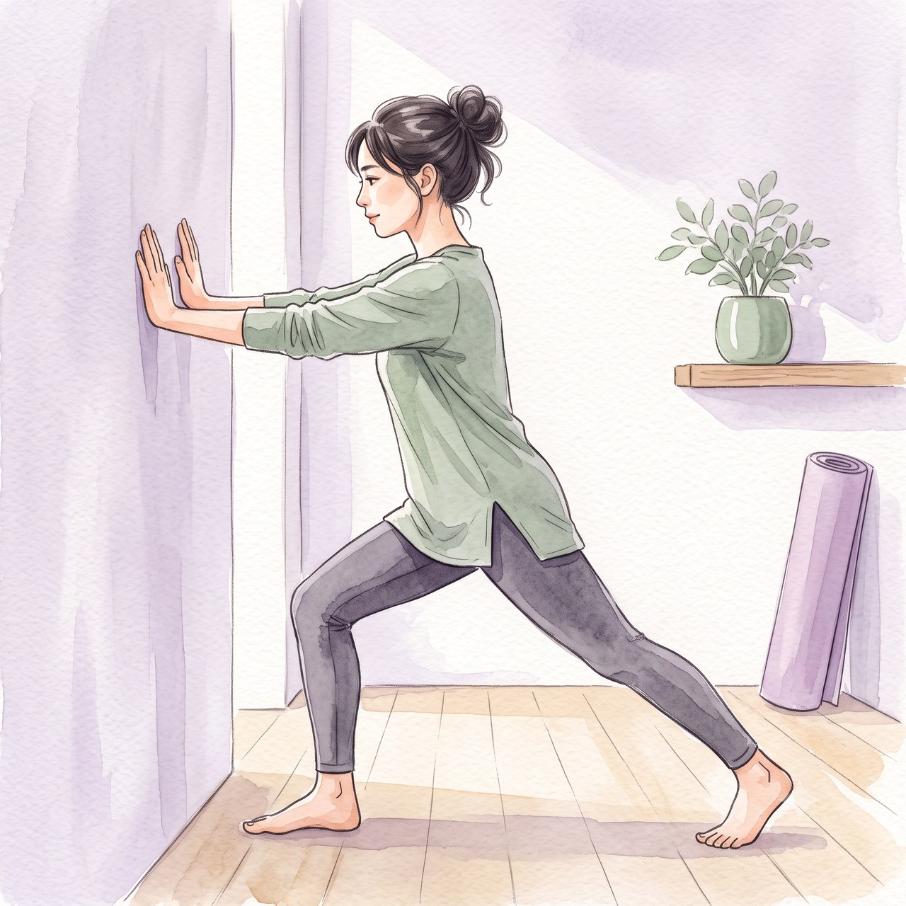 壁に手をつきふくらはぎを伸ばす水彩イラスト