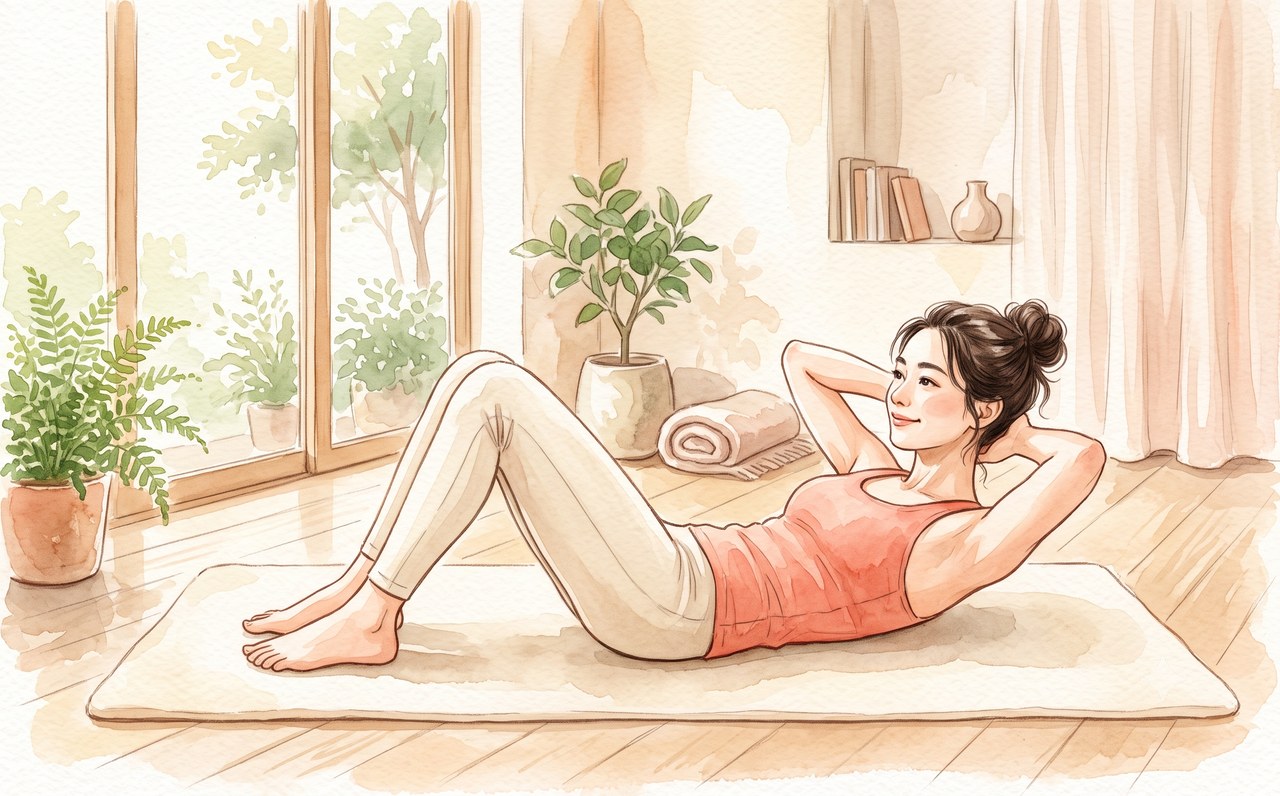 あおむけで腹筋エクササイズをする女性の水彩イラスト