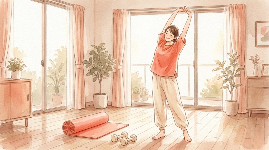 ヨガマットの横でストレッチする女性の水彩イラスト