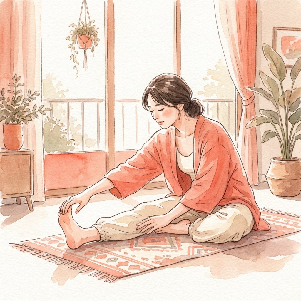 運動後にもも裏を伸ばす静的ストレッチの水彩イラスト