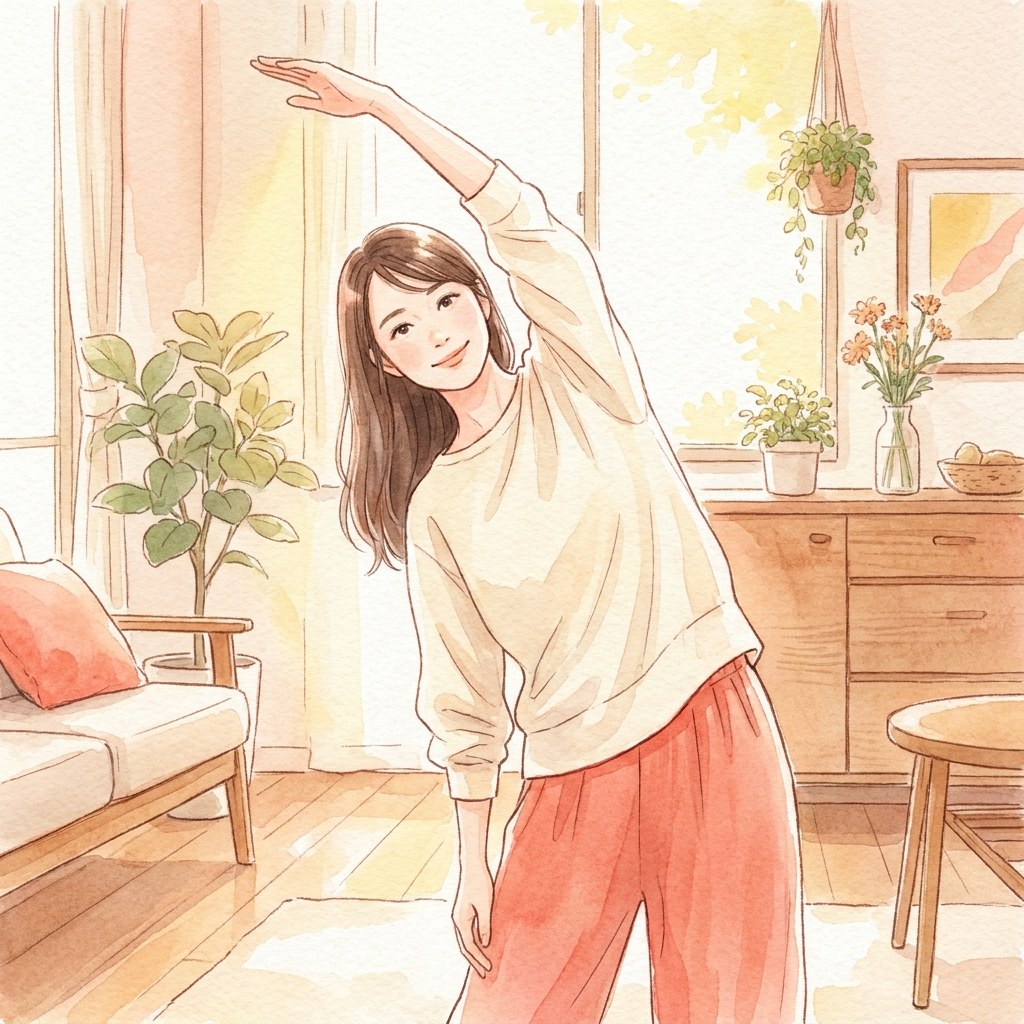 体側を伸ばすやさしいストレッチの水彩イラスト