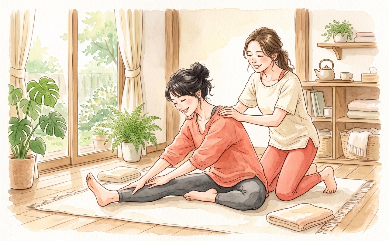 二人でペアストレッチをする女性の水彩イラスト