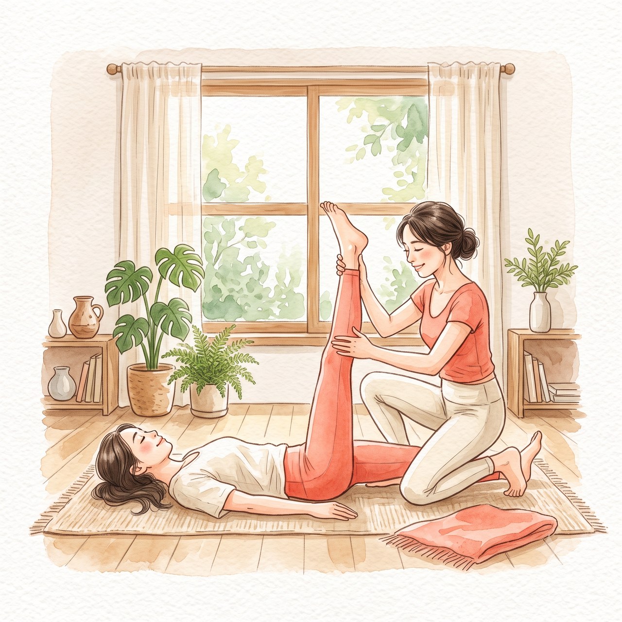 あおむけの人の脚を支えてもも裏を伸ばすペアストレッチの水彩イラスト