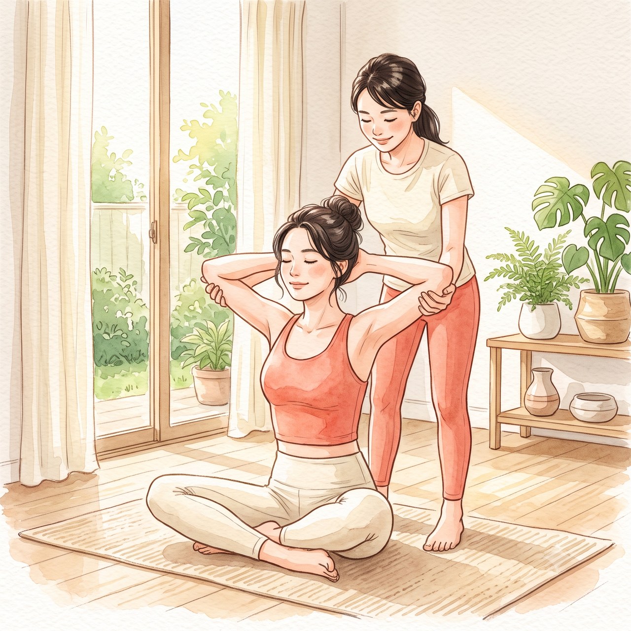 後ろからひじを引いて胸を開くペアストレッチの水彩イラスト