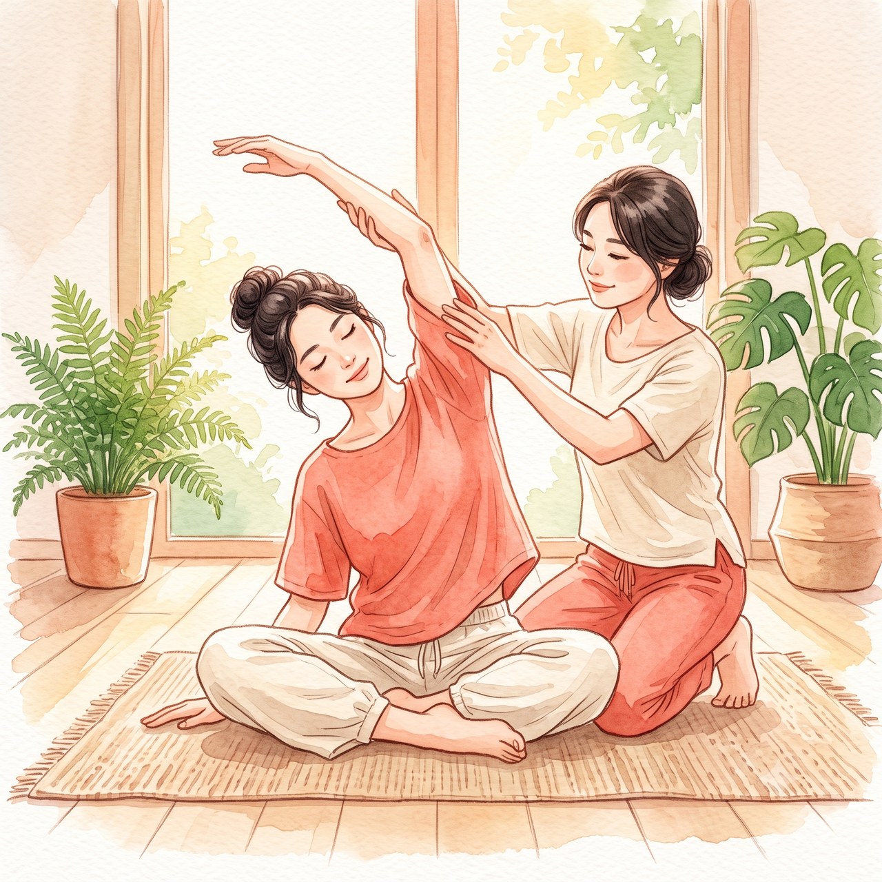 手を引いて体側を伸ばすペアストレッチの水彩イラスト
