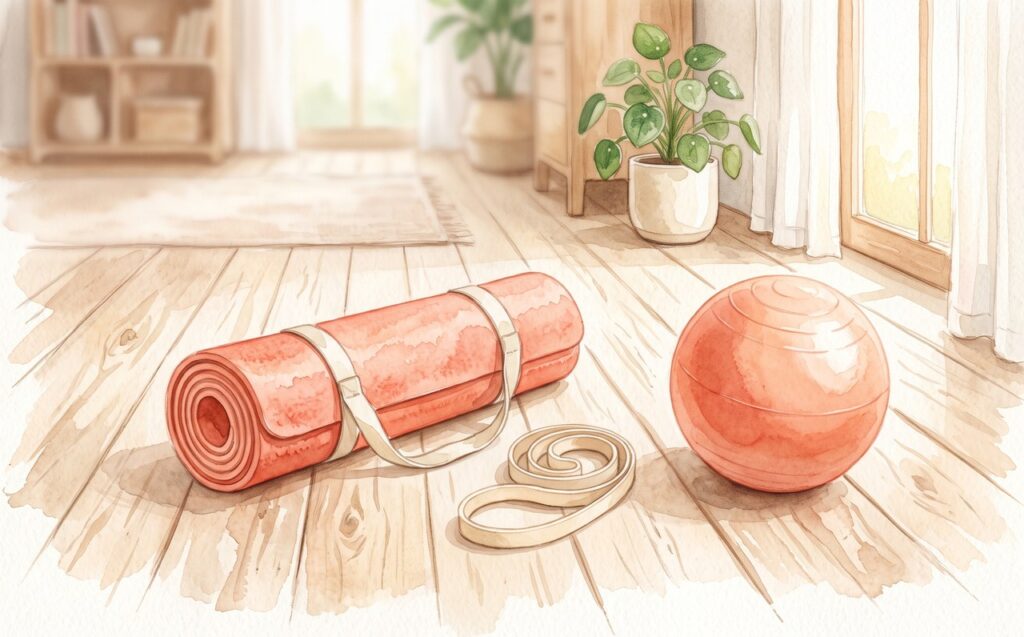 自宅トレーニンググッズを並べた水彩イラスト