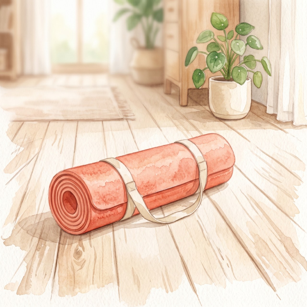 床に置かれたヨガマットの水彩イラスト