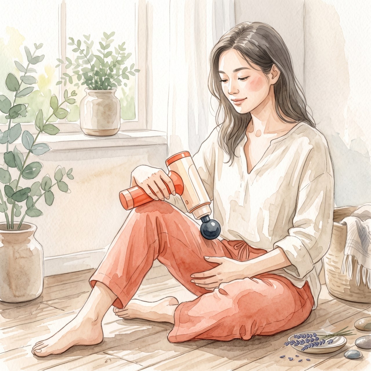 座ってマッサージガンを太ももに当てる水彩イラスト