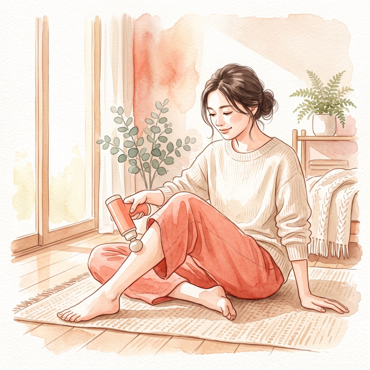マッサージガンをふくらはぎに当てる水彩イラスト