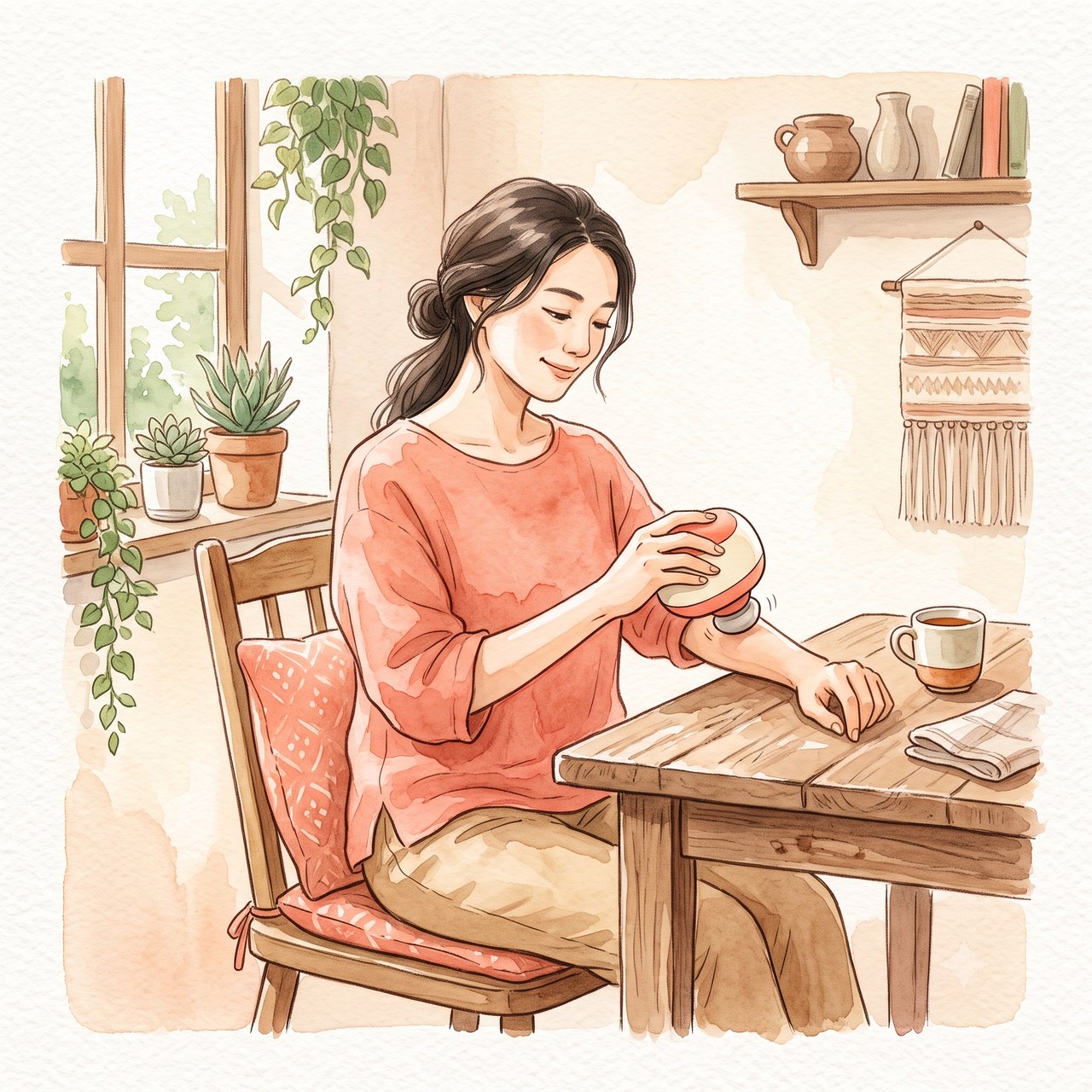 マッサージガンを腕に当ててリラックスする水彩イラスト