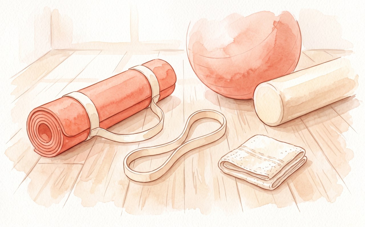 身体ケアグッズを並べた水彩イラスト